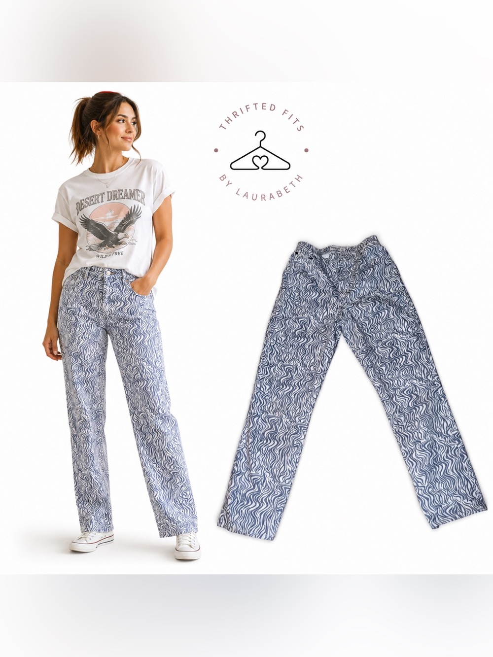 Abercrombie & Fitch Curve Love Blue Wave-Print Straight-Leg Jeans